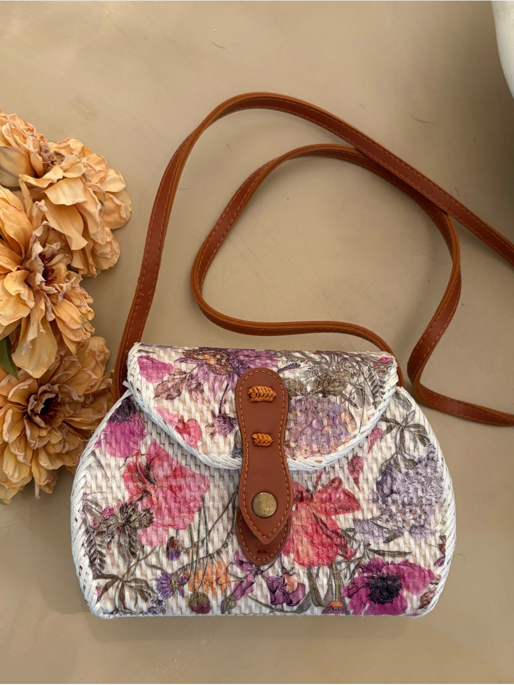 Floral Woven Crossbody Bag with Brown Strap